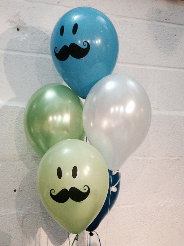 Pearlised Balloons, Moustache, Navy Blue, Apple Green & White (Helium Quality)