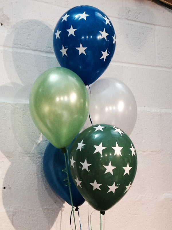Pearlised Balloons, Blue & Green Stars, Navy Blue, Green & White (Helium Quality)