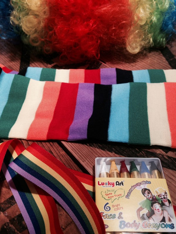 Rainbow Fun Kit - Wig, Socks, 6x Body & Face Crayons & 1x mtr of Rainbow Ribbon!
