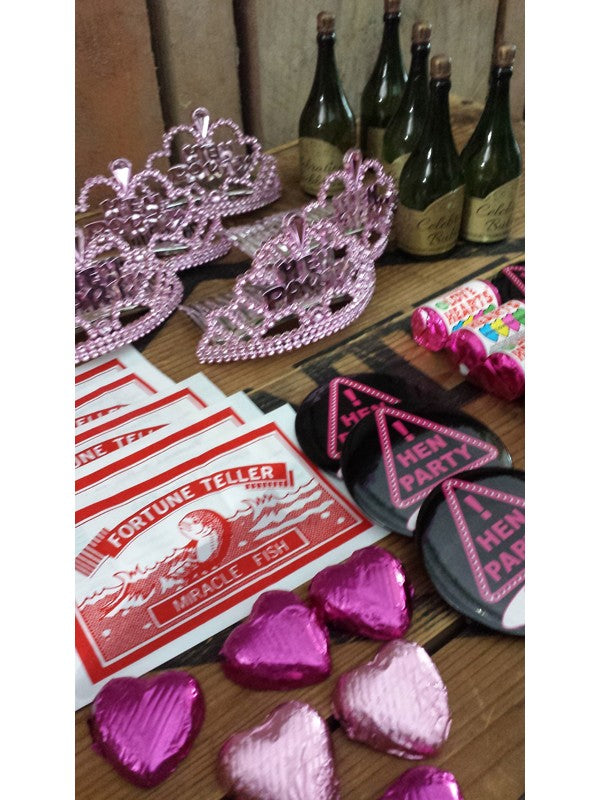 6x Hen Night Treats Party Bags - Mini Tiara, Champagne Bubbles, Party Badge, Shot Glass, Future Telling Fish & Sweets!