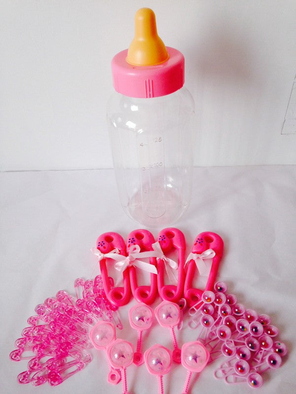 Baby Shower - Pink - Gift or Decoration Kit! Large Empty Baby Bottle, Novelty Nappy Pins & Baby Rattles