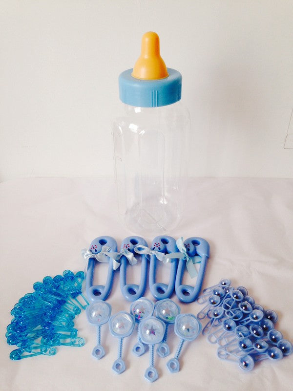 Baby Shower - Blue - Gift or Decoration Kit! Large Empty Baby Bottle, Novelty Nappy Pins & Baby Rattles