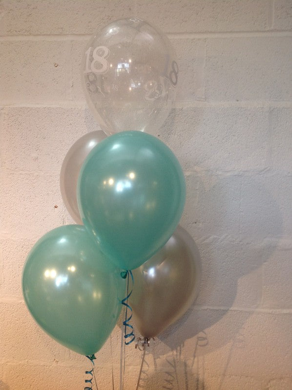 Aqua, Silver and 18th Aged Range Pearlised Latex Balloons with Curling Ribbon