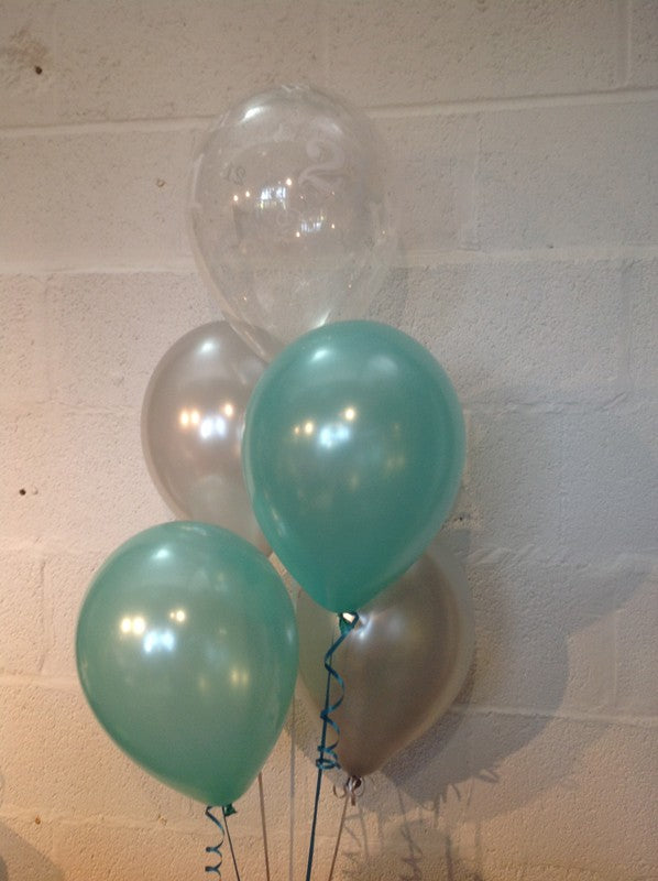 Aqua, Silver and 21st Aged Range Pearlised Latex Balloons with Curling Ribbon