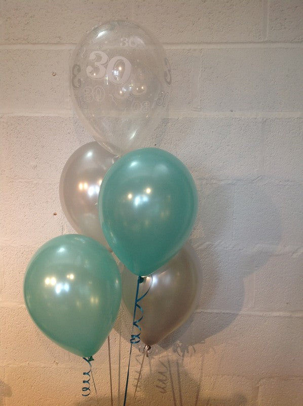 Aqua, Silver and 30th Aged Range Pearlised Latex Balloons with Curling Ribbon