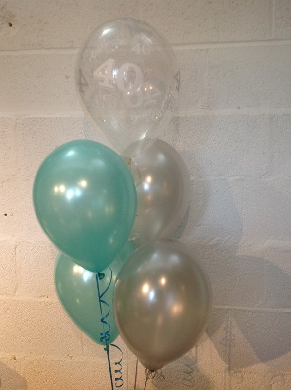 Aqua, Silver and 40th Aged Range Pearlised Latex Balloons with Curling Ribbon