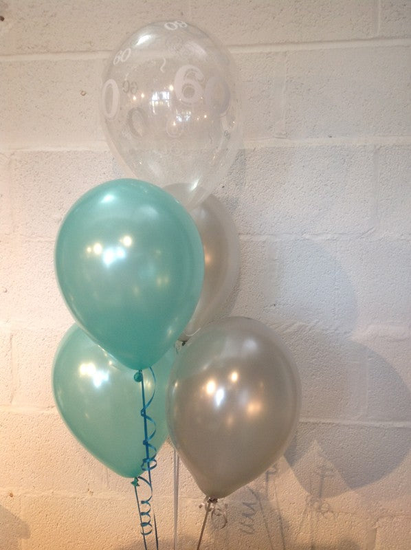 Aqua, Silver and 60th Aged Range Pearlised Latex Balloons with Curling Ribbon