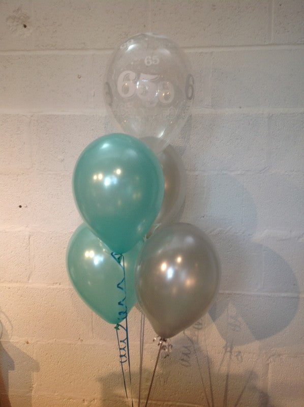 Aqua, Silver and 65th Aged Range Pearlised Latex Balloons with Curling Ribbon