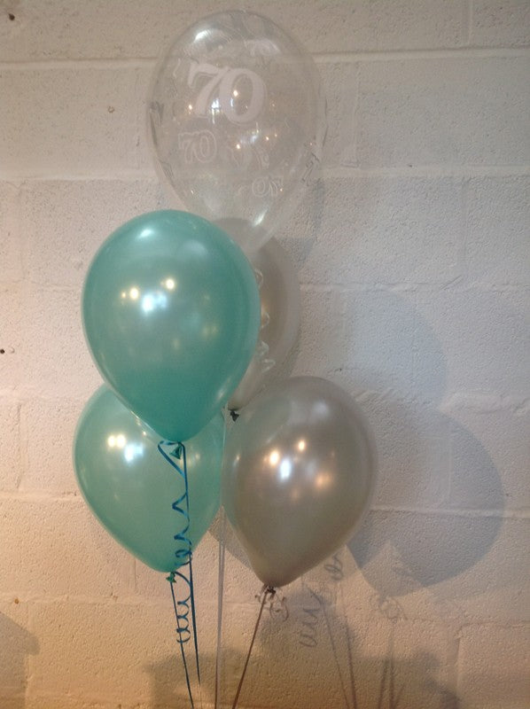 Aqua, Silver and 70th Aged Range Pearlised Latex Balloons with Curling Ribbon