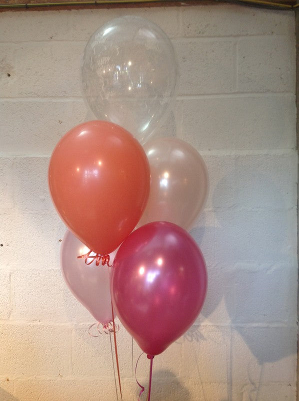 Coral, Blush, Pale Pink, Hot Pink and 'Happy Birthday' Range Pearlised Latex Balloons with Curling Ribbon