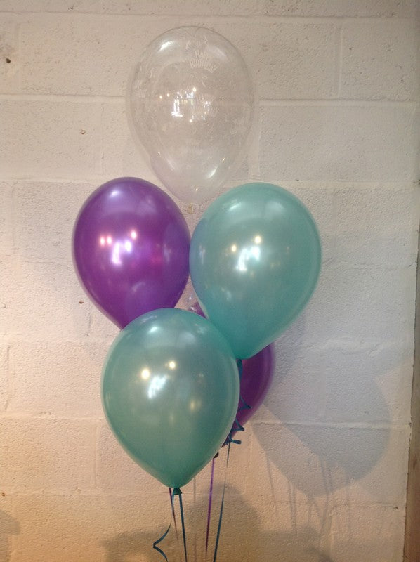 Purple, Aqua and 'Happy Birthday' Range Pearlised Latex Balloons with Curling Ribbon