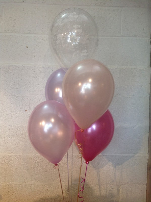 Lilac, Blush, Hot Pink, Pale Pink and 'Happy Birthday' Range Pearlised Latex Balloons with Curling Ribbon