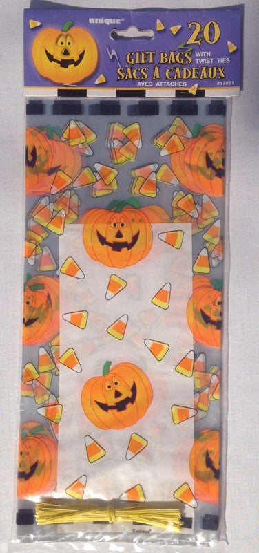 20x Pumpkin & Sweeties Cellophane Gift Bags with Yellow Twist Ties! Perfect for Halloween and Trick-or-Treating!