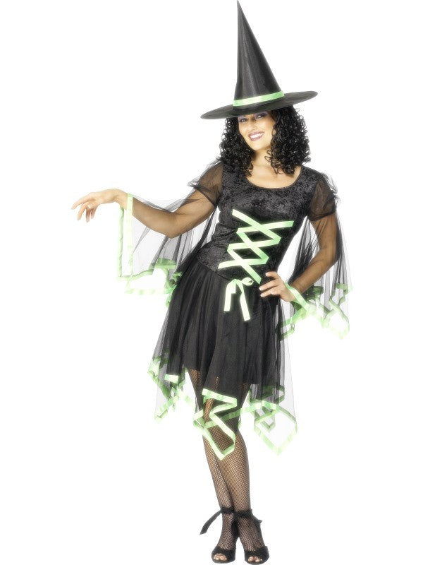 Winsome Witch Costume & Pointy Witch Hat with Black Hair - Size M