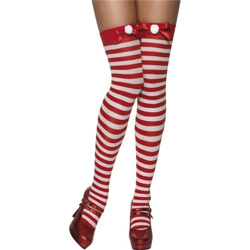 Tights - Striped Stockings with Pom Pom and Bow (Red and White) One Size Fits Most