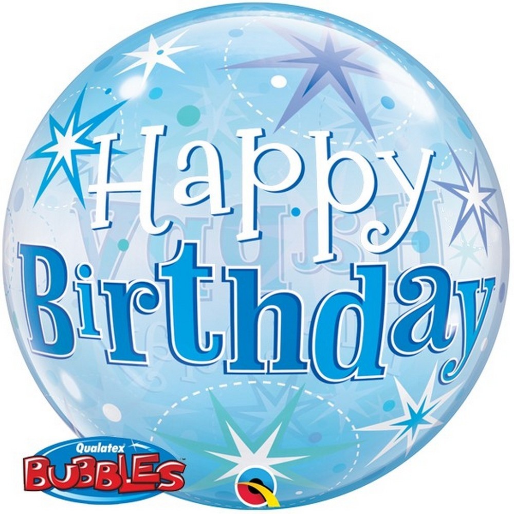 Happy Birthday Blue Starburst Bubble Balloon 22"