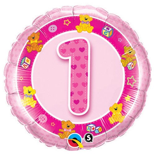 Qualatex 18" Round Foil Age 1 Pink Teddy Balloon 1st Birthday