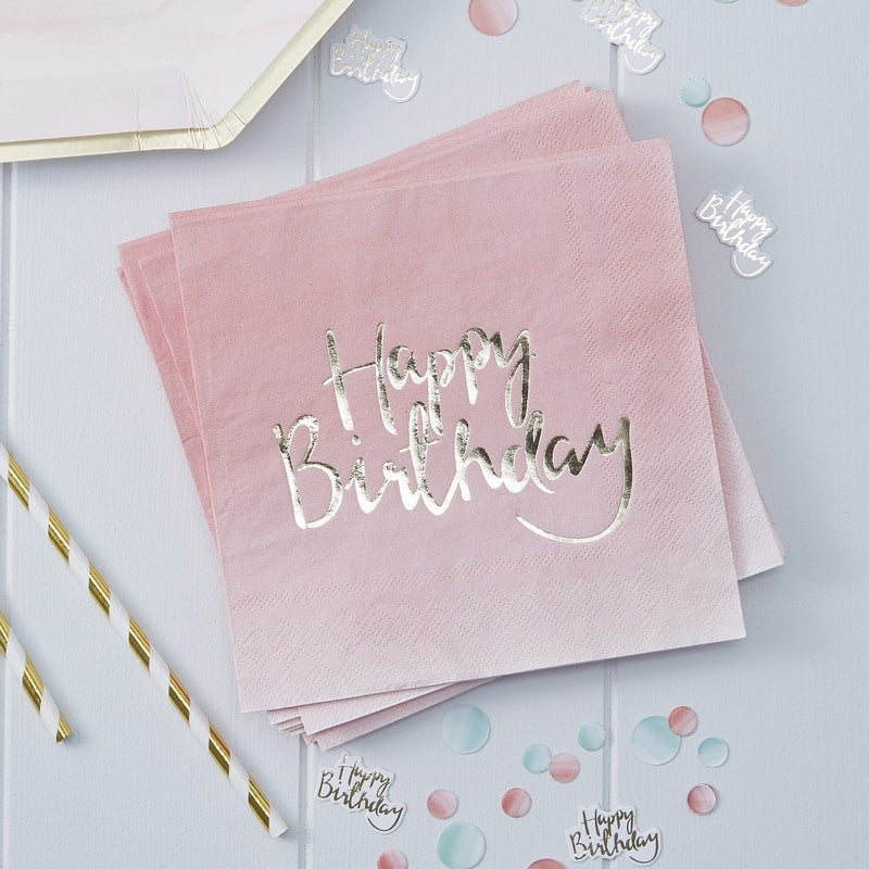 Gold foil pink ombre happy birthday paper napkins