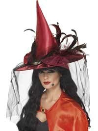 Deluxe Deep Red Feather Witch Hat