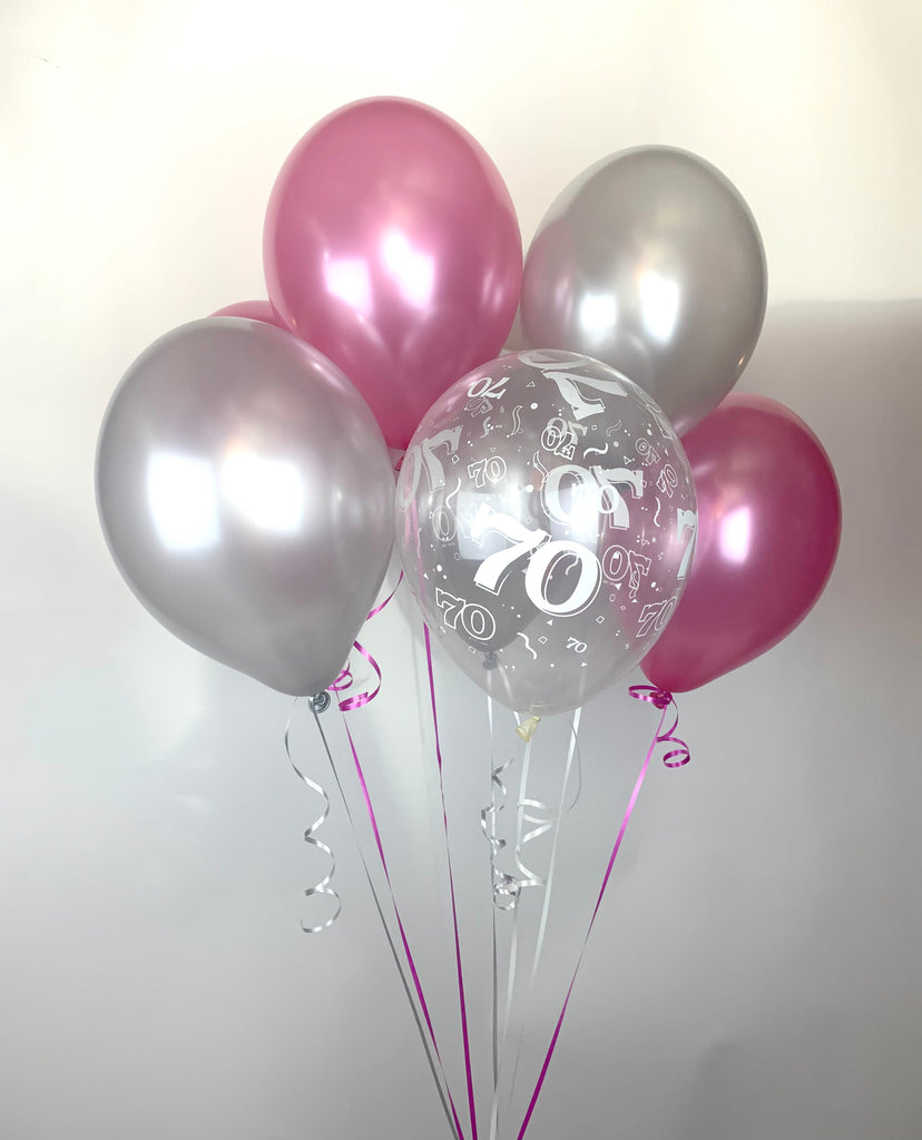 Hot Pink, Silver and 70th Aged Range  UNFILLED Pearlised Latex Balloons with Curling Ribbon