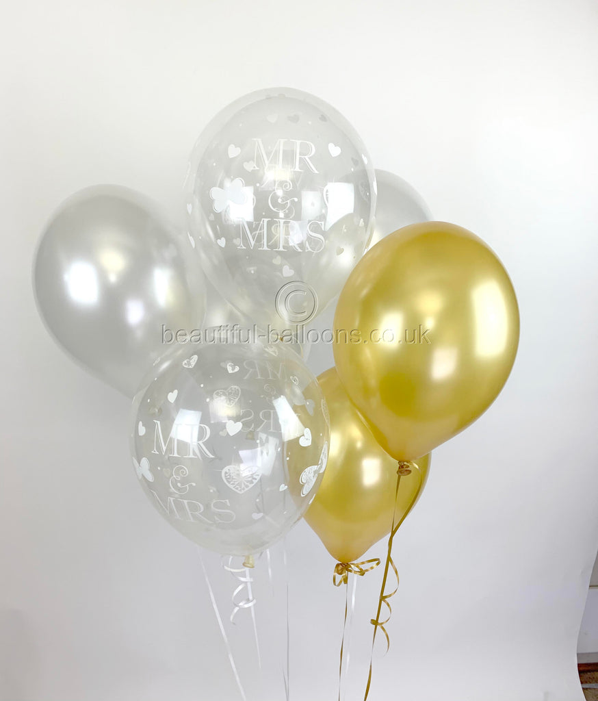 Mr & Mrs Pearlised Balloons, Gold & White Wedding (Helium Quality)