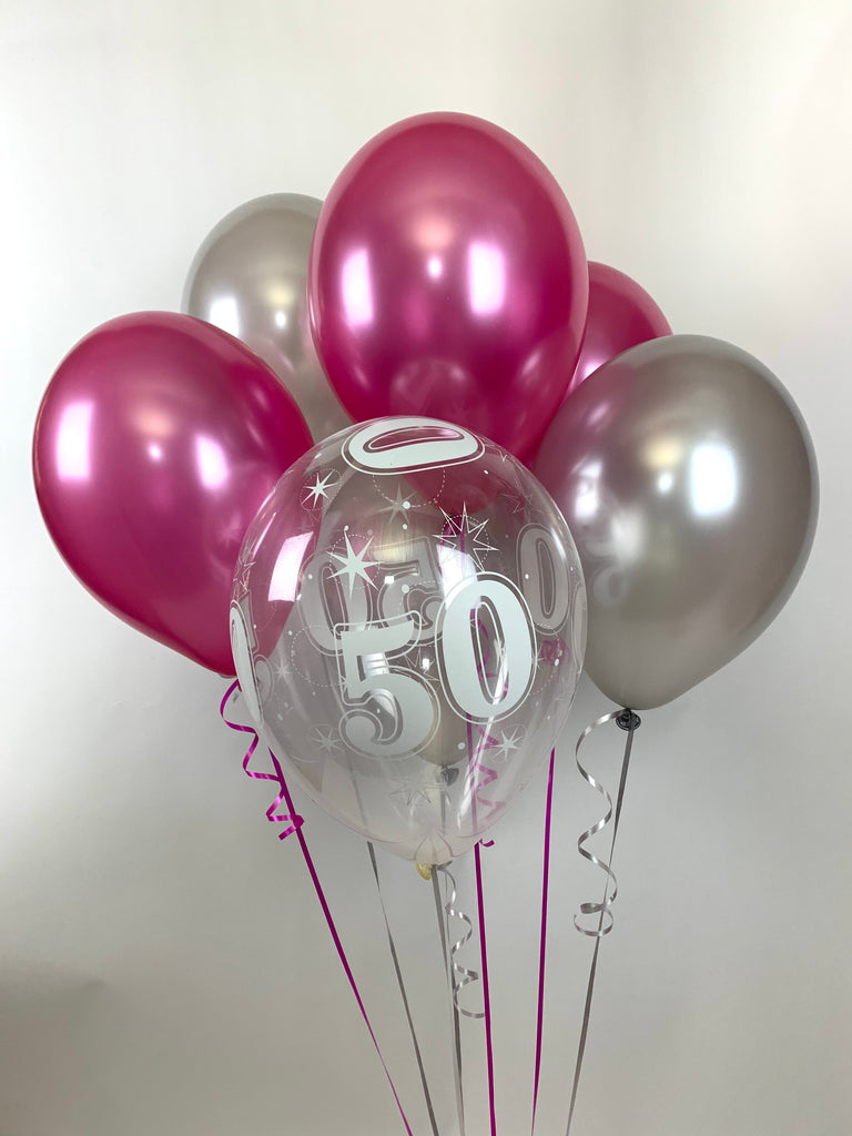 Hot Pink, Silver and 50th Aged Ranged Pearlised UNFILLED Latex Balloons with Curling Ribbon