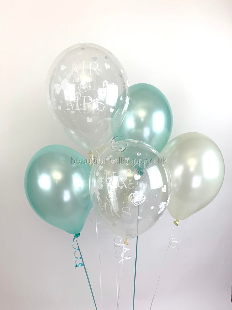 Mr & Mrs Pearlised Balloons, Aqua & Ivory Wedding (Helium Quality)UNFILLED
