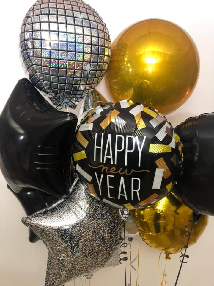 New Year Black, Gold, Silver Balloon Bunch