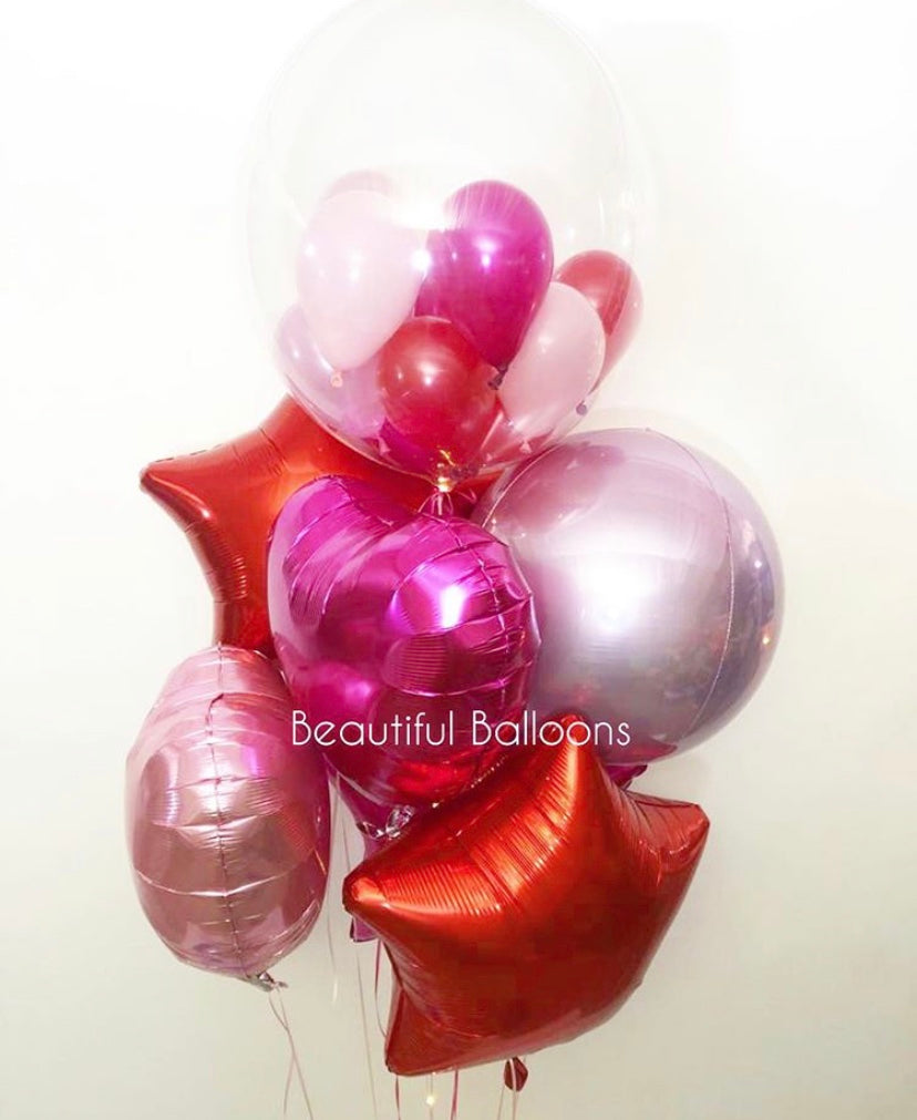 Red, Hot Pink, Pale Pink Bubble and Foils Cluster