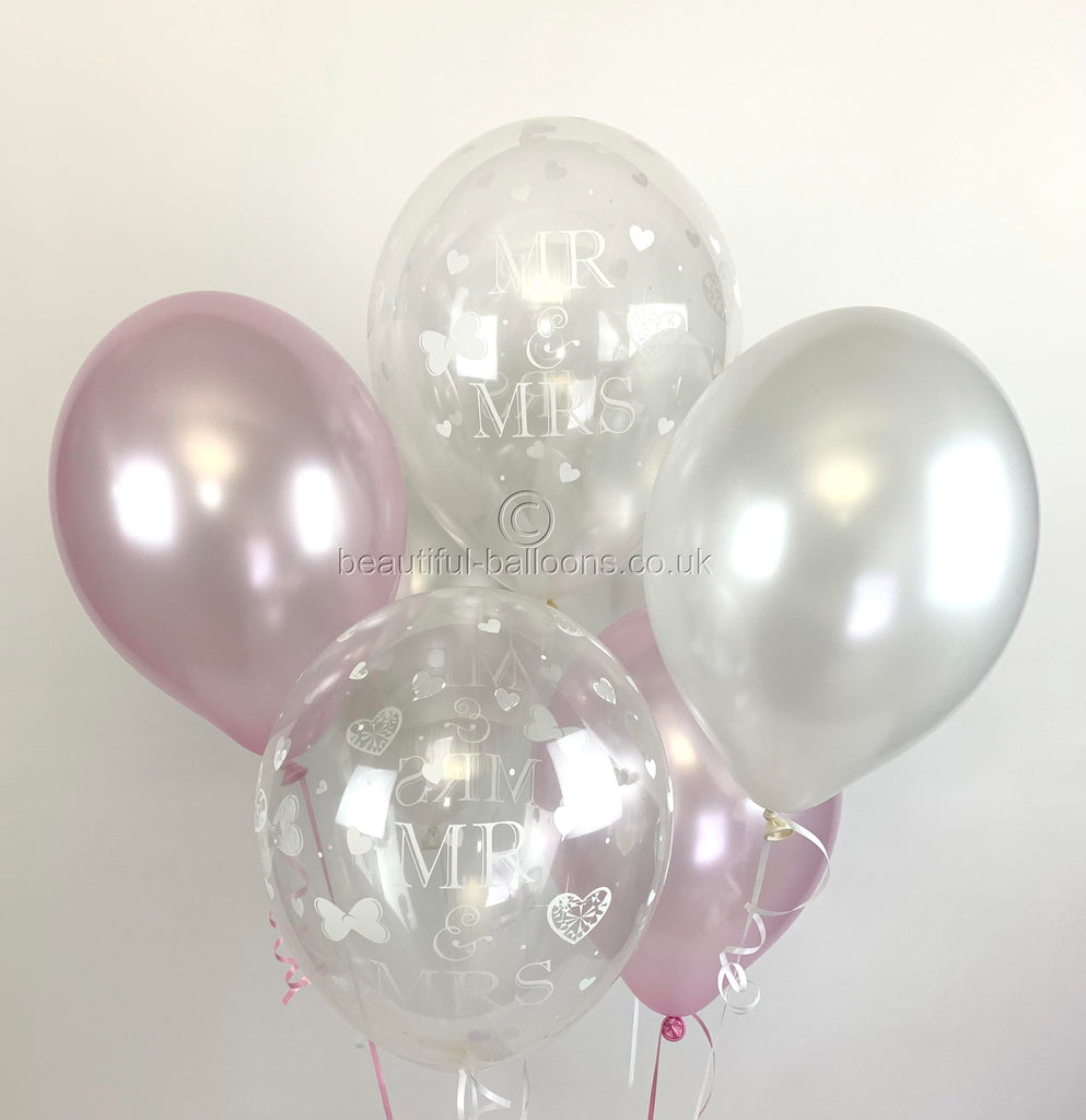 Mr & Mrs Pearlised Balloons, Pale Pink & White Wedding (Helium Quality)UNFILLED