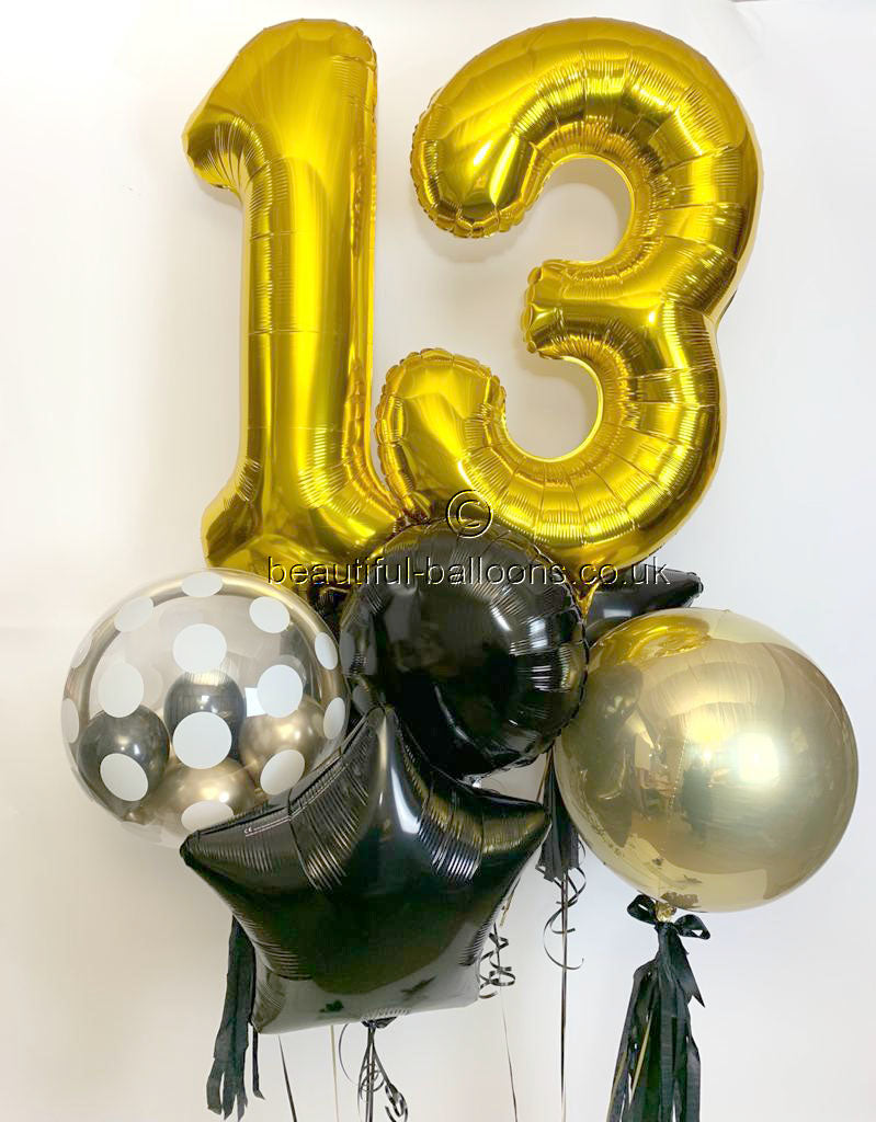 Gold and Black Age 13 Balloon Bunch