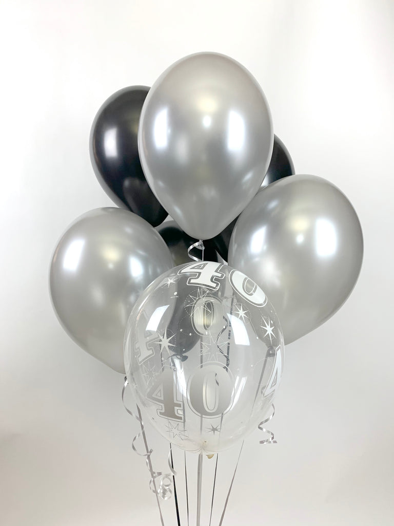 Black, Silver and 40th Aged Range Pearlised Latex Balloons with Curling Ribbon