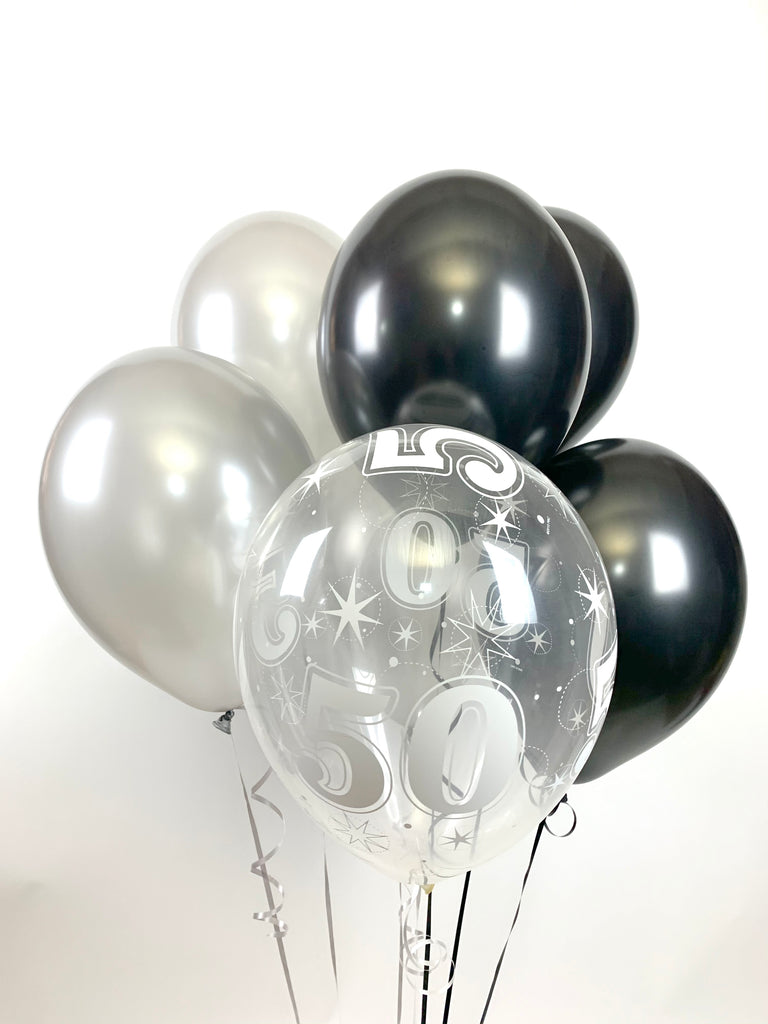 Black, Silver and 50th Aged Range  UNFILLED  Pearlised Latex Balloons with Curling Ribbon
