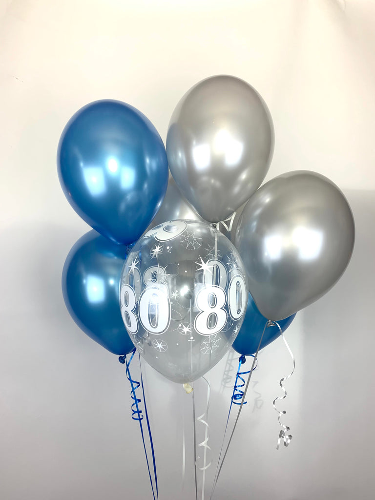 Classic Blue, Silver and 80th Aged Ranged Pearlised Latex Balloons with curling Ribbon