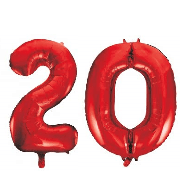 Number 20 Foil Shaped Balloons - Available in 6 colours