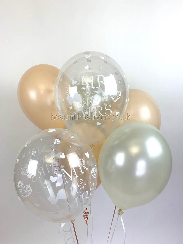 Champagne Bubbles & Ivory Mr & Mrs Pearlised Balloons (Helium Quality)