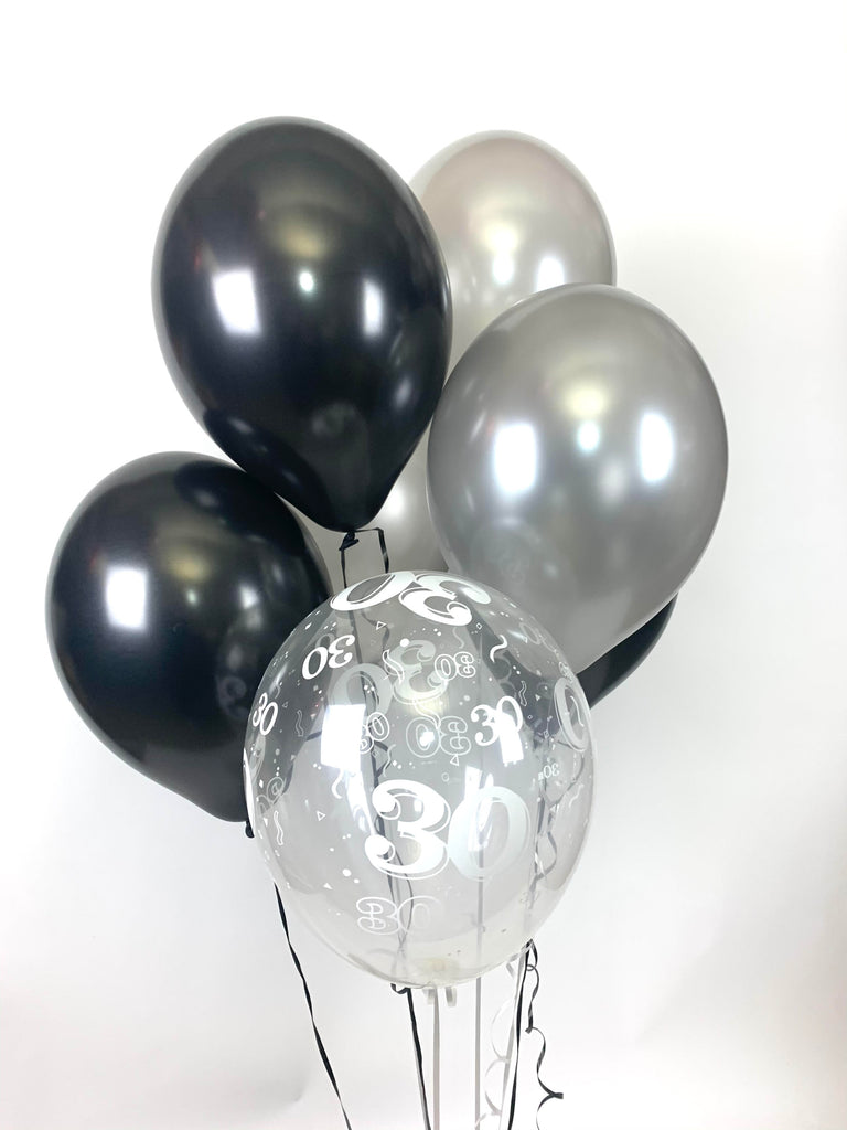 Black, Silver and 30th Aged Ranged  UNFILLED  Pearlised Latex Balloons with Curling Ribbon