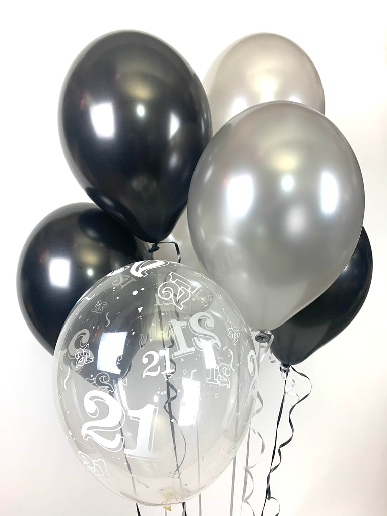 Black, Silver and 21st Aged Ranged Pearlised Latex Balloons with Curling Ribbon