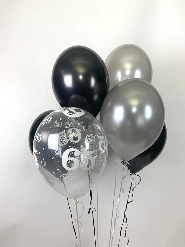 Black, Silver and 65th Aged Range Pearlised Latex Balloons with Curling Ribbon