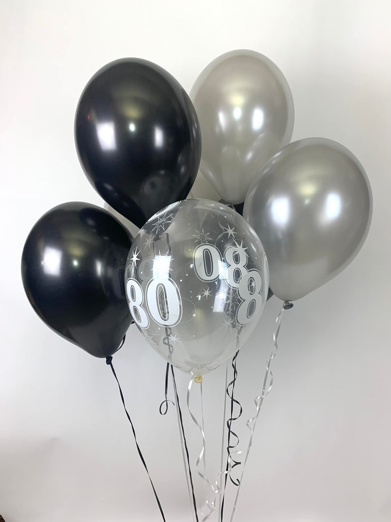 Black, Silver and 80th Aged Range Pearlised Latex Balloons with Curling Ribbon