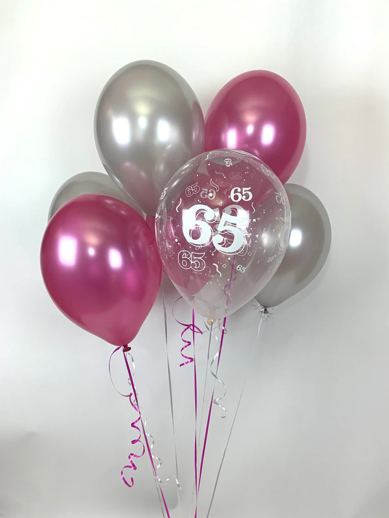Hot Pink, Silver and 65th Aged Range Pearlised Latex Balloons with Curling Ribbon