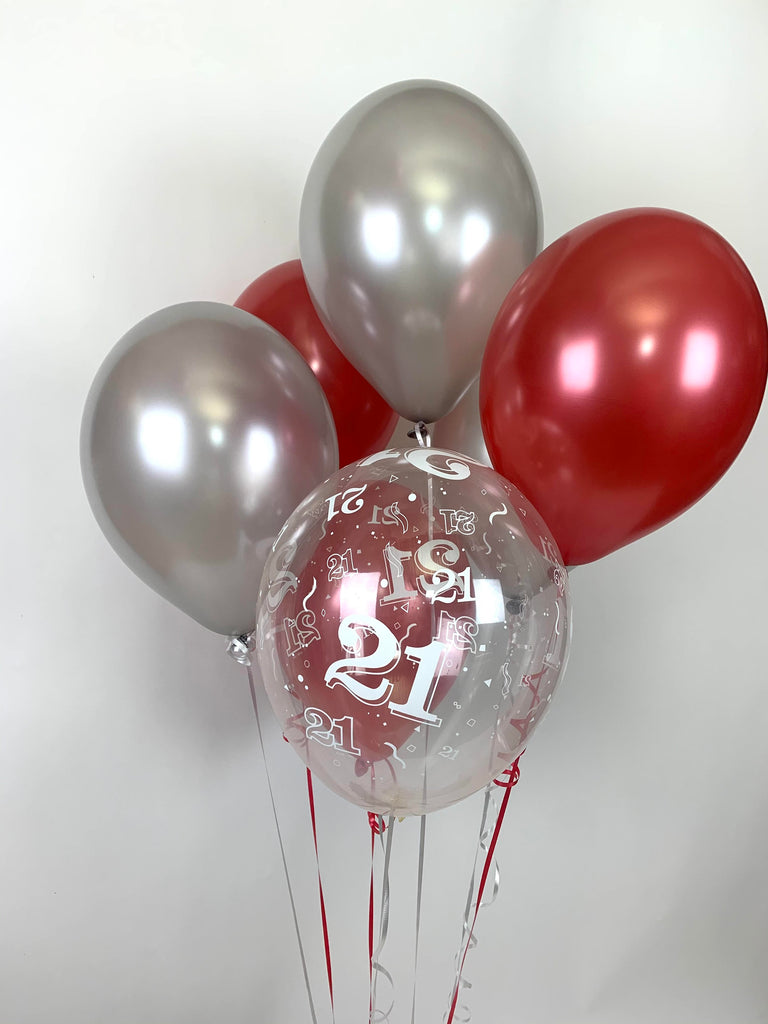 Red, Silver and 21st Aged Range Pearlised Latex Balloons with Curling Ribbon