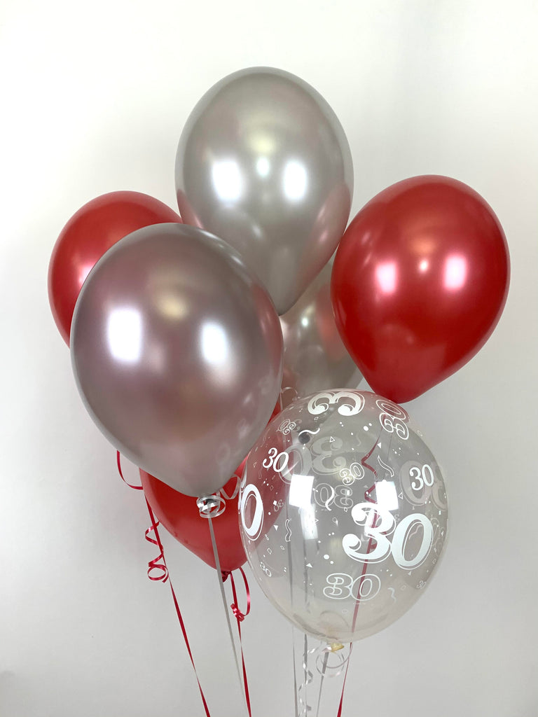 Red, Silver and 30th Aged Range Pearlised Latex Balloons with Curling Ribbon
