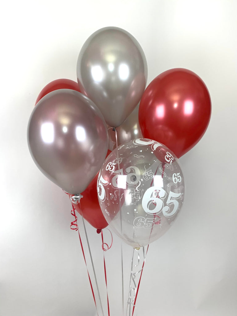 Red, Silver and 65th Aged Range Pearlised Latex Balloons with Curling Ribbon