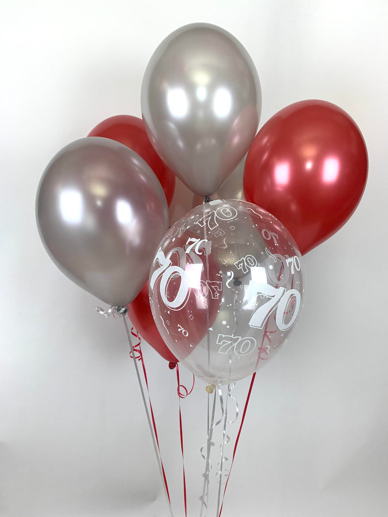 Red, Silver and 70th Aged Range  UNFILLED Pearlised Latex Balloons with Curling Ribbon