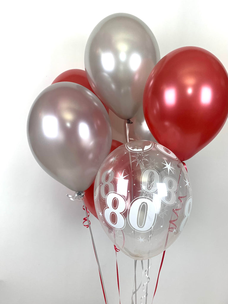Red, Silver and 80th Aged Range  UNFILLED Pearlised Latex Balloons with Curling Ribbon