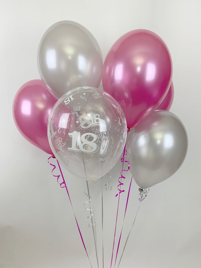 Hot Pink, Silver and 18th Aged Ranged UNFILLED Pearlised Latex Balloons with Curling Ribbon
