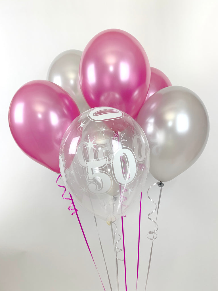 Hot Pink, Silver and 50th Aged Ranged Pearlised UNFILLED Latex Balloons with Curling Ribbon