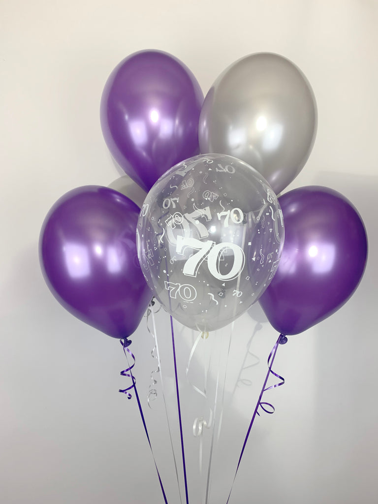 Purple, Silver and 70th Aged Range Pearlised Latex Balloons with Curling Ribbon