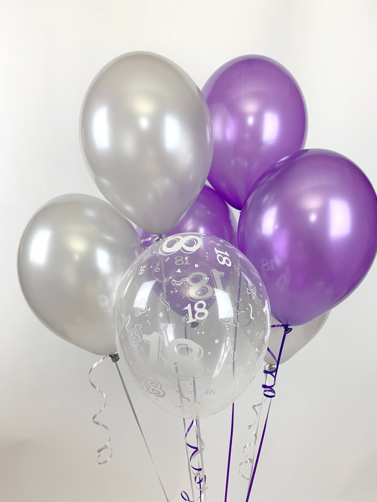 Purple, Silver and 18th Aged Range Pearlised Latex Balloons with Curling Ribbon